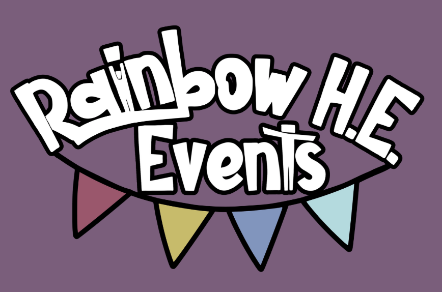 Rainbow H.E. Events Logo on a purple background